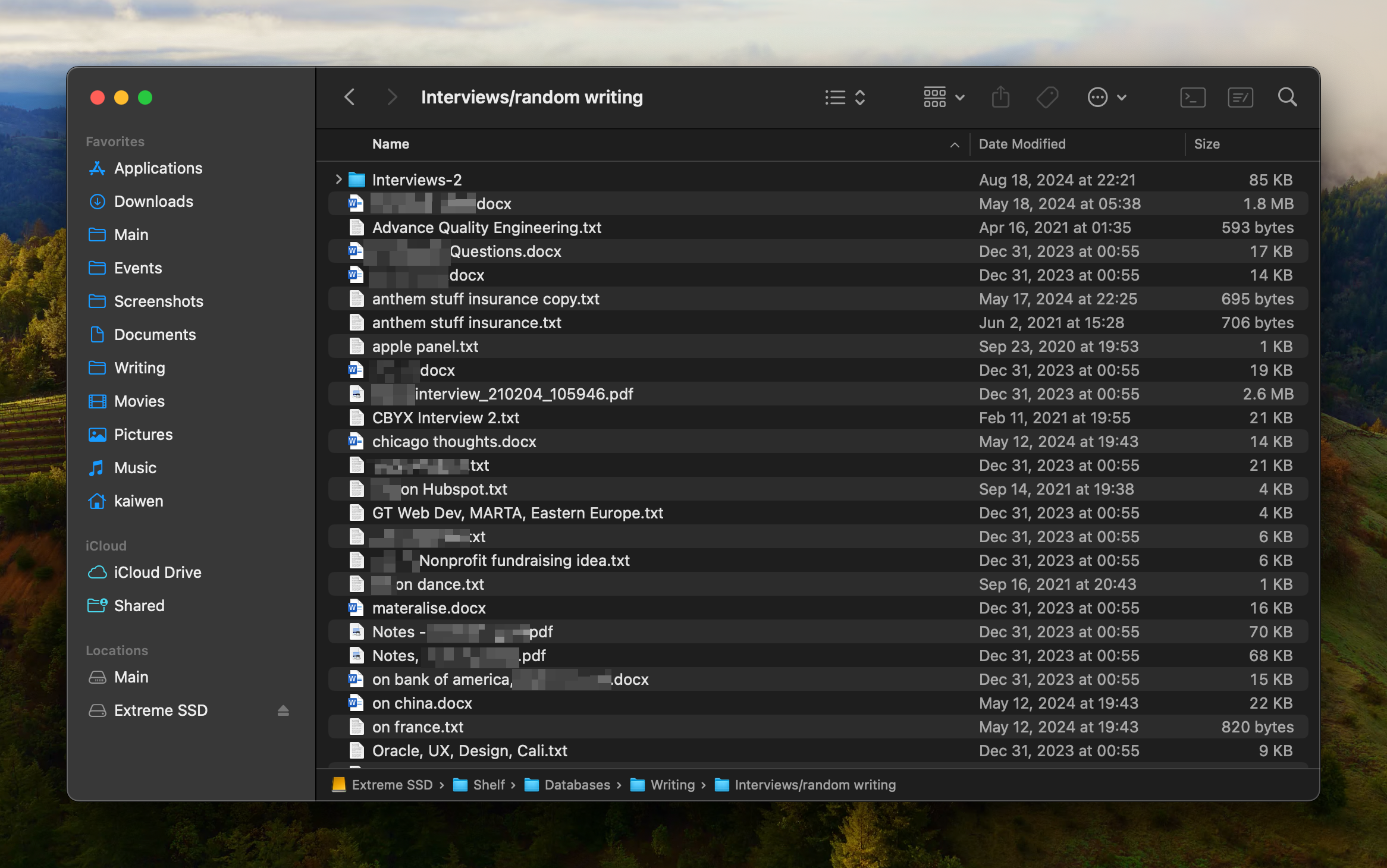A messy Finder window of notes from various interviews